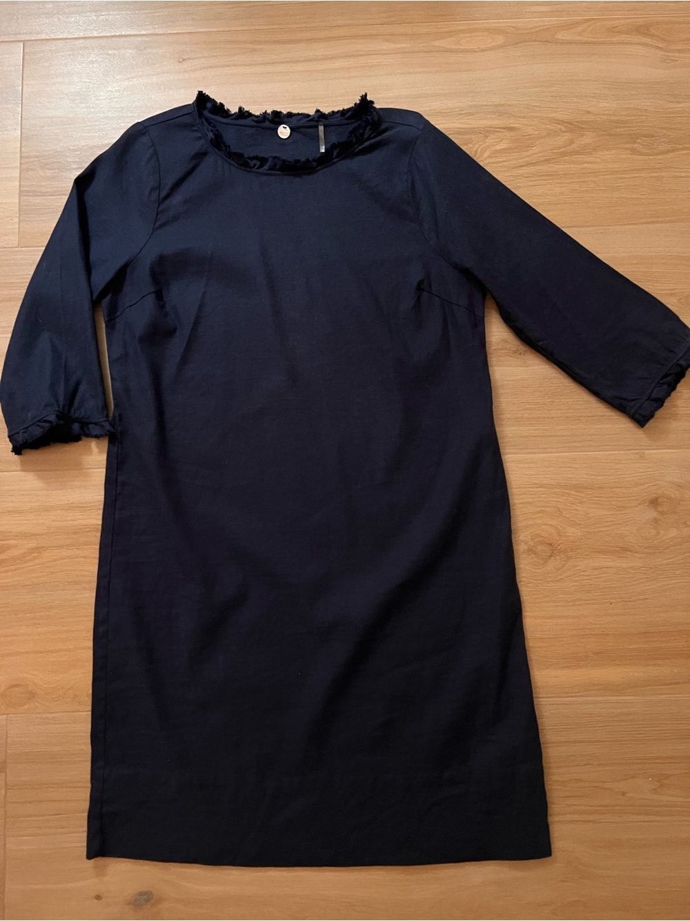 Margaret O’Leary Navy Linen Blend Shift Dress Medium Frayed Trim 3/4 Sleeve